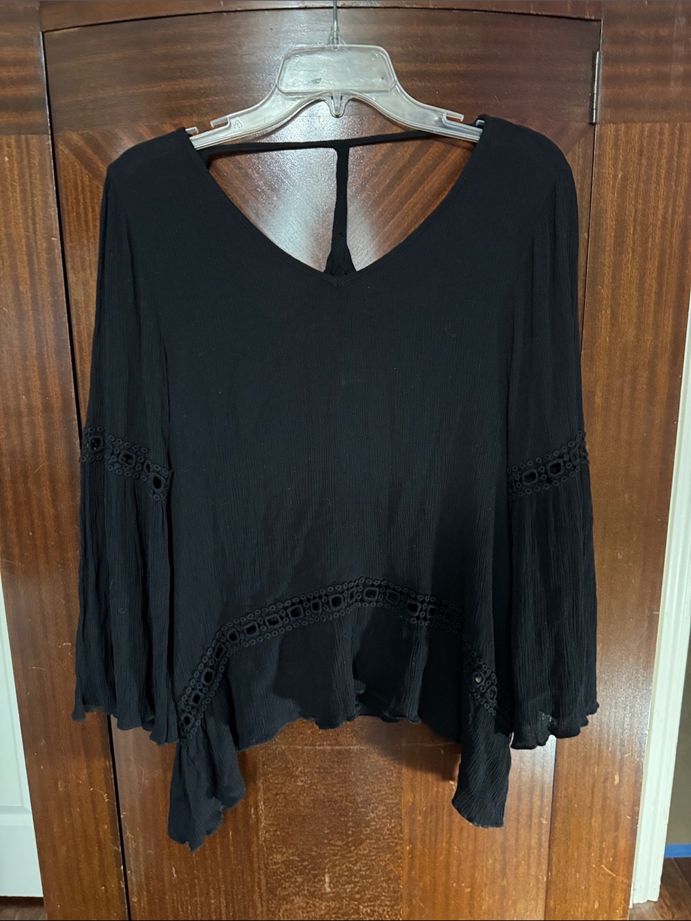 Bila Black V-Neck Crochet-Trim Bell Sleeve Tunic